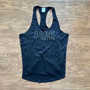 PINK Active Victoria's Secret Tank Top Size S Black/White Spell Out Racerback
